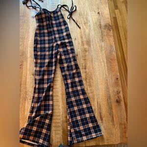 Almost Famous black orange plaid stretch size medium flare overalls NEW NWT